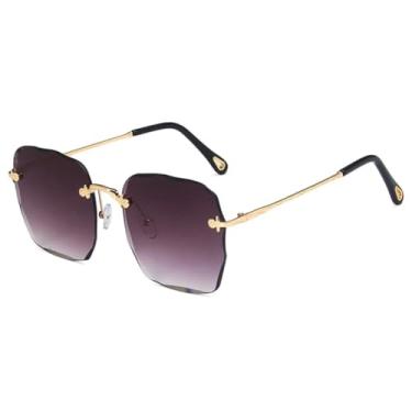 Imagem de JRLLFD Óculos de sol femininos sem aro de metal, óculos de sol luxuosos para homens, para áreas externas, verão, feminino, UV400 (cinza com degradê dourado)