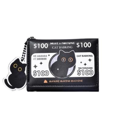 Imagem de Bolsa de armazenamento de moedas PU preta + branca design de gato babking mini carteira