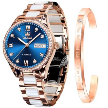 Imagem de OLEVS Relógio feminino com corda automática, mecânico, relógio de pulso feminino, mostrador grande, pulseira de cerâmica de aço inoxidável de dois tons, coração, diamante, moda, luxuosa, luminosa, à