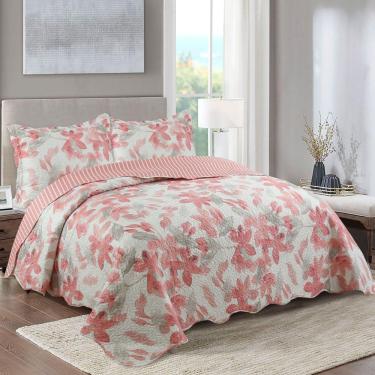 Imagem de Kit Cobre Leito Colcha Mix Queen Estampado Dupla Face Floral 3 Peças - Cecília - Salmão