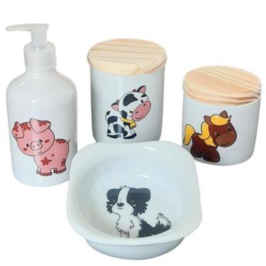 Imagem de Kit Higiene Bebê Fazendinha 4 Peças - Porcelana e Pinus - Armazenament