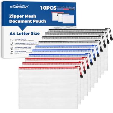 Imagem de Charmount Bolsa de malha A4 com zíper, pastas organizadoras de documentos de plástico à prova d'água, sacos de arquivo multiuso para escritório, escola, brinquedos, jogos de tabuleiro, quebra-cabeças