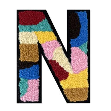 Imagem de 1 peça de 11,4 cm colorido camuflagem chenille remendo com borda preta Camuflagem divertida ferro em letras para jaquetas e mochilas, adesivos modernos do alfabeto para bricolage, moda e presentes (N)