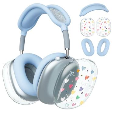 Imagem de BlHMCASE Capa de fone de ouvido para AirPods Max, capa de fone de ouvido transparente Y2K Love Heart, capa de silicone azul para Apple AirPods Max