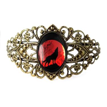 Imagem de Pulseira de filigrana de lobo - Uivando para a lua, acessório artesanal de Halloween com animais espirituais, prata bronze antigo ou preto, joia de vidro artesanal estilo vitoriano vintage - 647-CB