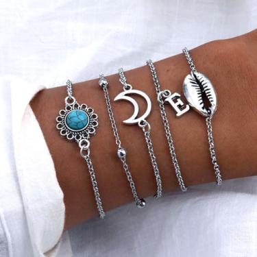 Imagem de Conjunto de pulseiras femininas em camadas de prata Boho – lua, turquesa e pingente inicial, pulseiras de corrente ajustáveis, joias de praia vintage