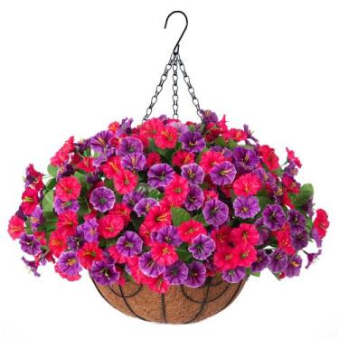 Imagem de Flores artificiais penduradas Ammyoo Morning Glory com cesta