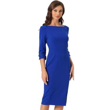 Imagem de Allegra K Vestido feminino elegante gola canoa mangas 3/4 2025 Wear to Work Midi Split Bainha, Azul royal, GG
