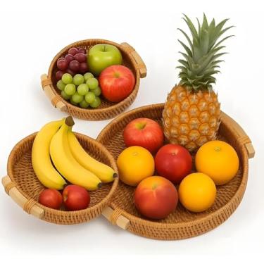 Imagem de Conjunto 3 Bandejas Redondas Rattan Natural com Alças Cestos Decorativos para Frutas Café e Organização 0015