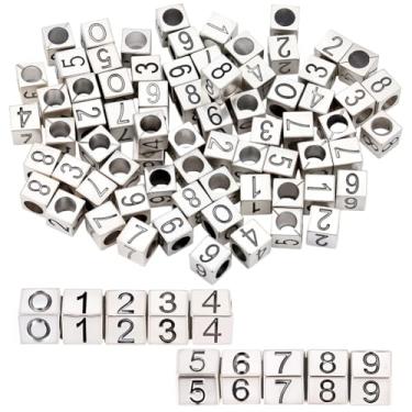 Imagem de SUNNYCLUE 1 caixa, 100 peças, 10 estilos, número, contas, quadrado, prata, cubo de 7 x 7 mm, 0 a 9 números, berloque solto, espaçadores de furos grandes para pulseiras, joias, colares, chaveiros