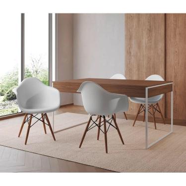 Imagem de Mesa Jantar Industrial Filadélfia Amêndoa 137X90Cm Base Ferro Branco Com 4 Poltronas Brancas Marrom