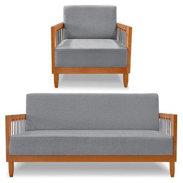 Imagem de Kit Poltrona E Sofá Living 2 Lugares Marilia 1,60m Linho Grafite Base Em Madeira Castanho - Pallazio