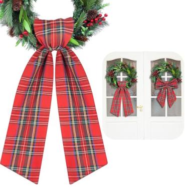 Imagem de HOMEBROS Faixa de guirlanda, faixa de tecido para porta da frente para decoração de Natal, 137 cm, xadrez verde vermelho, 1 peça