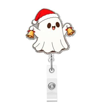 Imagem de Carretel de crachá de Natal, crachá de acrílico de fantasma fofo para crachá de identidade, sinos de chapéu de Natal, porta-crachá retrátil telescópico, acessórios de clipe de jacaré para enfermeiras