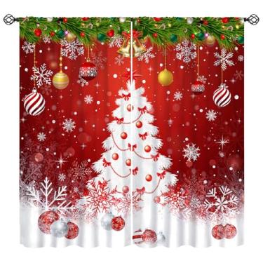 Imagem de Cortinas de Feliz Natal, Árvores de Natal Vermelhas Floco de Neve Bolas de Natal Inverno Ano Novo Cortinas de Tratamento de Janela para Quarto, Sala de Estar, Cozinha, Casa, 106,7 cm L x 114,3 cm C