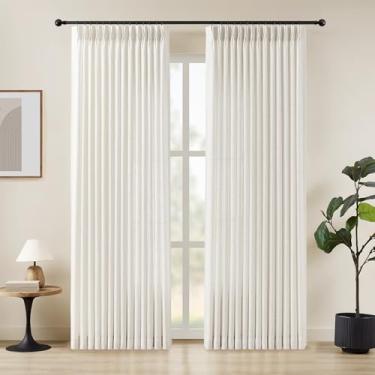Imagem de Cortinas de linho plissadas de 213 cm de comprimento para sala de estar, cortinas plissadas com filtragem de luz branca bege texturizada, grossa, treinada com memória, semitransparente, com ganchos