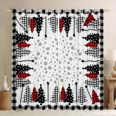 Imagem de Cortina de janela de árvore de Natal, aquarela xadrez búfalo privacidade 30-50% cortina blackout para janela preto branco cobertura de janelas para quarto cortinas de Natal vintage 2 painéis, 42Lx63C
