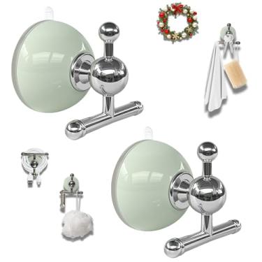 Imagem de XIEFFICH Ganchos de ventosa T-Bar – Resistentes, reutilizáveis, ganchos sem broca para pendurar toalhas, chaves, grinaldas (verde, pacote com 2)