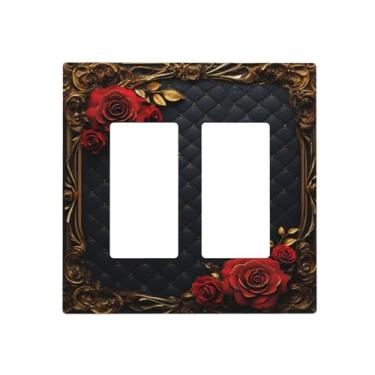 Imagem de Placa de cobertura para interruptor de luz, rosa, floral, vintage, dourado, barroco, luxo, 2 gangues, duas capas de tomada, placas decorativas, placas de parede elétricas GFCI para decoração de cabana
