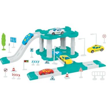 Imagem de Pista de Corrida Infantil com 40 Peças, Estacionamento de Brinquedo Multicamadas, Circuito de Carros com Sinais de Trânsito, Árvores e Acessórios, Turquesa e Branco
