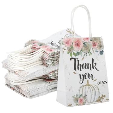 Imagem de Chewtoyo 60 sacos de papel 20 x 14 x 7 cm, saco de presente pequeno de papel kraft, bolsa branca com alças, bolsa de papel de agradecimento para lembrancinha de festa de aniversário, chás de bebê