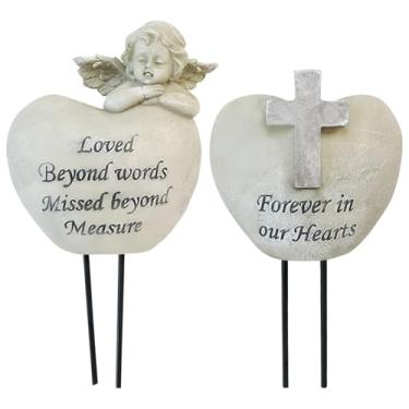 Imagem de Par de vasos de túmulo de anjo para cemitério, design de resina em forma de coração, inclui estátua de anjo, ornamento de jardim memorial, estaca para inserção no chão, mensagens gravadas para