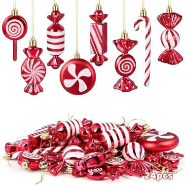 Imagem de LUMINFLY 24 peças de enfeites de Natal vermelhos e brancos, decorações suspensas galvanizadas de plástico sortidas, desenhos doces de pirulito de cana, decoração de festas festivas brilhantes para