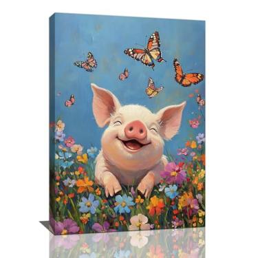 Imagem de Arte de parede de porco, fotos engraçadas de borboletas de porcos, decoração de parede, pinturas em tela de flores de animais de fazenda, arte emoldurada para banheiro, sala de estar, quarto, cozinha