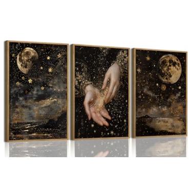 Imagem de ZZTCYSU Arte de parede em tela celestial lua estrelas emolduradas arte de parede vintage Dark Academia impressões góticas arte mística para sala de estar quarto banheiro 30,5 x 40,6 cm