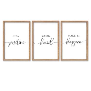 Imagem de SRSZHIYUE Decoração motivacional de escritório 40,6 cm × 28,7 cm Conjunto de 3 Stay Positive Work Hard Make It Happen Citações inspiradoras Arte de parede emoldurada de madeira (madeira)