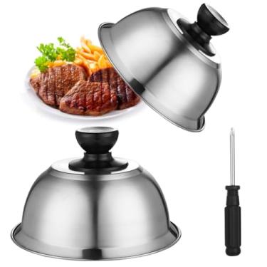 Imagem de Capas para hambúrguer de aço inoxidável 2 peças, coberturas redondas para bifes, coberturas de cozinha, coberturas de cozimento a vapor com aderência antiqueimadura para grelha, cúpulas de