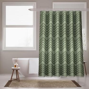 Imagem de Inhousolu Cortina de chuveiro de tecido boho extra longa, borla listrada chevron texturizada tufada, minimalista de fazenda, cortina de banho lavável repelente à água para banheiro, hotel, 182 cm L x