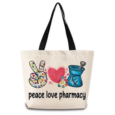 Imagem de ZhuVantrix Bolsa de compras reutilizável Peace Love Pharmacy, bolsa de ombro para compras estética, com bolso interno com zíper, elegante, paz amor, farmácia, presente para mulheres farmacêuticas
