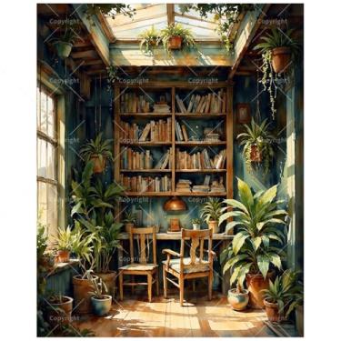 Imagem de TAOPAOLAB Kit de pintura Library Nook por números para adultos - Canto de leitura aconchegante DIY com estantes de livros e pintura de plantas em tela 41 x 50 cm, conjunto de tinta acrílica para