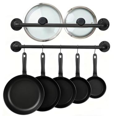 Imagem de REHOYEE Conjunto organizador de tampa de panela, conjunto de 2 cabides de cozinha industriais montados na parede para panela, utensílios, canecas, armazenamento de cozinha, barra suspensa com 10