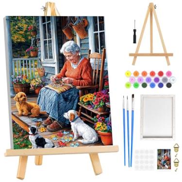 Imagem de RICUVED Kit de pintura por números para adultos iniciantes emoldurado com cavalete de madeira, kits de pintura por número para avós e cães adultos em tela, pintura a óleo acrílica fácil DIY por