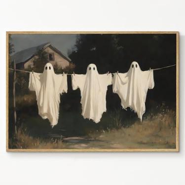 Imagem de Arte de parede em tela de fantasma engraçado pintura mística de Halloween arte de parede de lavanderia fantasma arte de floresta assombrada impressão assustadora sombria pôster de academia assustador