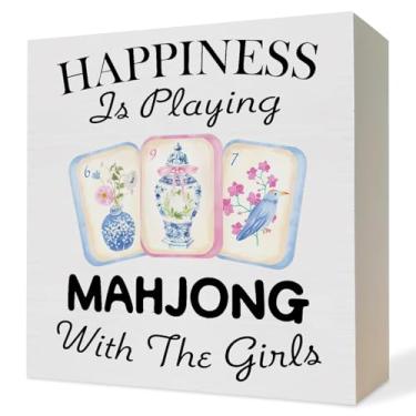 Imagem de ATBWGT Placa de madeira chinoiserie Mahjong para mulheres, presentes de Mahjong para mulheres, placa de bloco de madeira da Grandmillennial, decoração para decoração de prateleira de mesa de