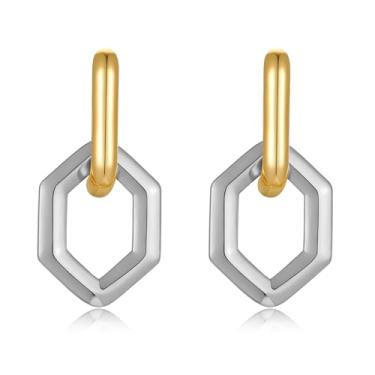 Imagem de VEDAIM Brincos femininos geométricos de dois tons banhados a ouro e prata 18 quilates com elos grossos