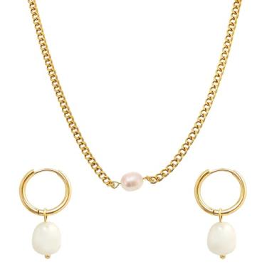 Imagem de WeiTeTaLuo Conjuntos de joias para mulheres – Conjunto de colar e brincos de concha de aço inoxidável banhado a ouro 18K com fivela OT, joias elegantes para presente de aniversário de casamento