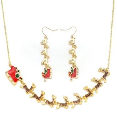 Imagem de RechicGu Conjunto de colar e brincos de Natal para mulheres, conjunto de brincos com pingente de laço de sino de Natal, fofo, Natal, trenó, rena, colar, brinco, joias modernas, presentes, Metal, Sem