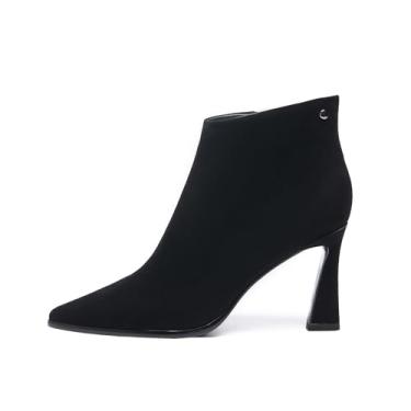 Imagem de Qunvngutui Botas femininas de couro pontiagudo, salto alto grosso, 8,5 cm/3,3 pol. com rebite, botas modernas, retrô para festa, Caxemira preta, 38