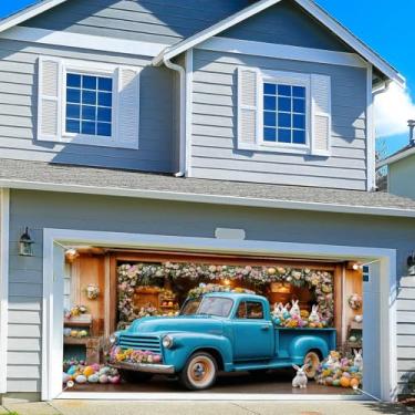 Imagem de Decoração de porta de garagem de caminhão de Páscoa, 40,6 x 1,8 m, ovos de Páscoa, coelho, coelho, carro, flor, jardim, flor, garagem, porta, banner, celeiro de madeira, primavera, aldeia, festa