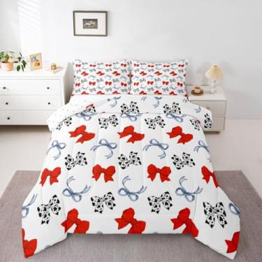 Imagem de Erosebridal Conjunto de cama casal com laço vermelho | Conjunto de edredom com estampa de vaca com laço e laço reversível estilo princesa sonhadora, com enchimento, 3 peças com 2 fronhas