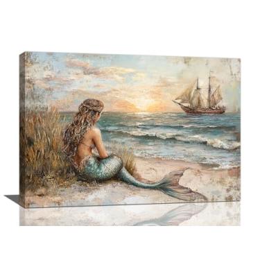 Imagem de Arte de parede de banheiro sereias, decoração de parede em tela de praia oceano pôr do sol, pintura rústica emoldurada de veleiro costeiro, arte de paisagem natural para sala de estar quarto 61 cm x