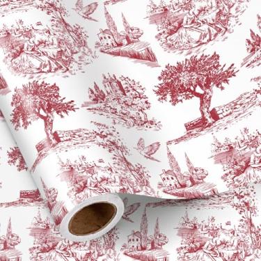 Imagem de RUSPEPA Rolo de papel de embrulho de Natal Toile, mini rolo, oliveira vermelha e branca e design de paisagem de férias, embrulho de presente estilo vintage para festas de Natal, casamento de inverno