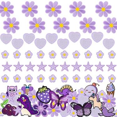 Imagem de Crocode tears Mini adesivos de passar a ferro para roupas - 63 peças, mini aplique bordado roxo fofo para roupas, chapéus, mochilas