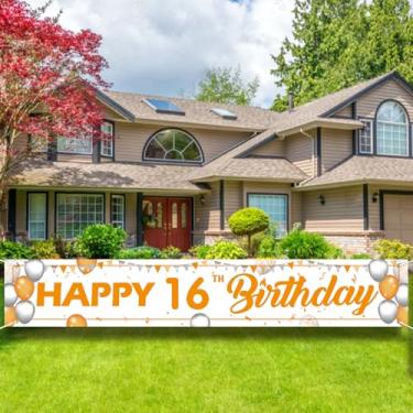 Imagem de Placa de faixa de feliz aniversário - 25 x 4 m, grande decoração de festa de jardim ao ar livre, pano de fundo branco e laranja para homens e mulheres.