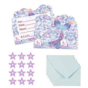 Imagem de EVBEA 30 peças de convites de festa de aniversário com envelopes, cartões e adesivos de convite de sereia para meninas, meninos, crianças, decoração de festa