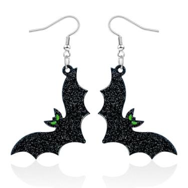 Imagem de Mintolex Brincos femininos de Halloween com glitter em acrílico e esqueleto de morcego com olhos verdes, joia assustadora divertida para festa de Halloween, acessório de fantasia, Acrílico, Sem pedra